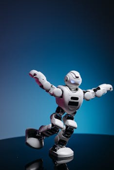 White humanoid toy robot with glowing eyes displayed in a dynamic pose.